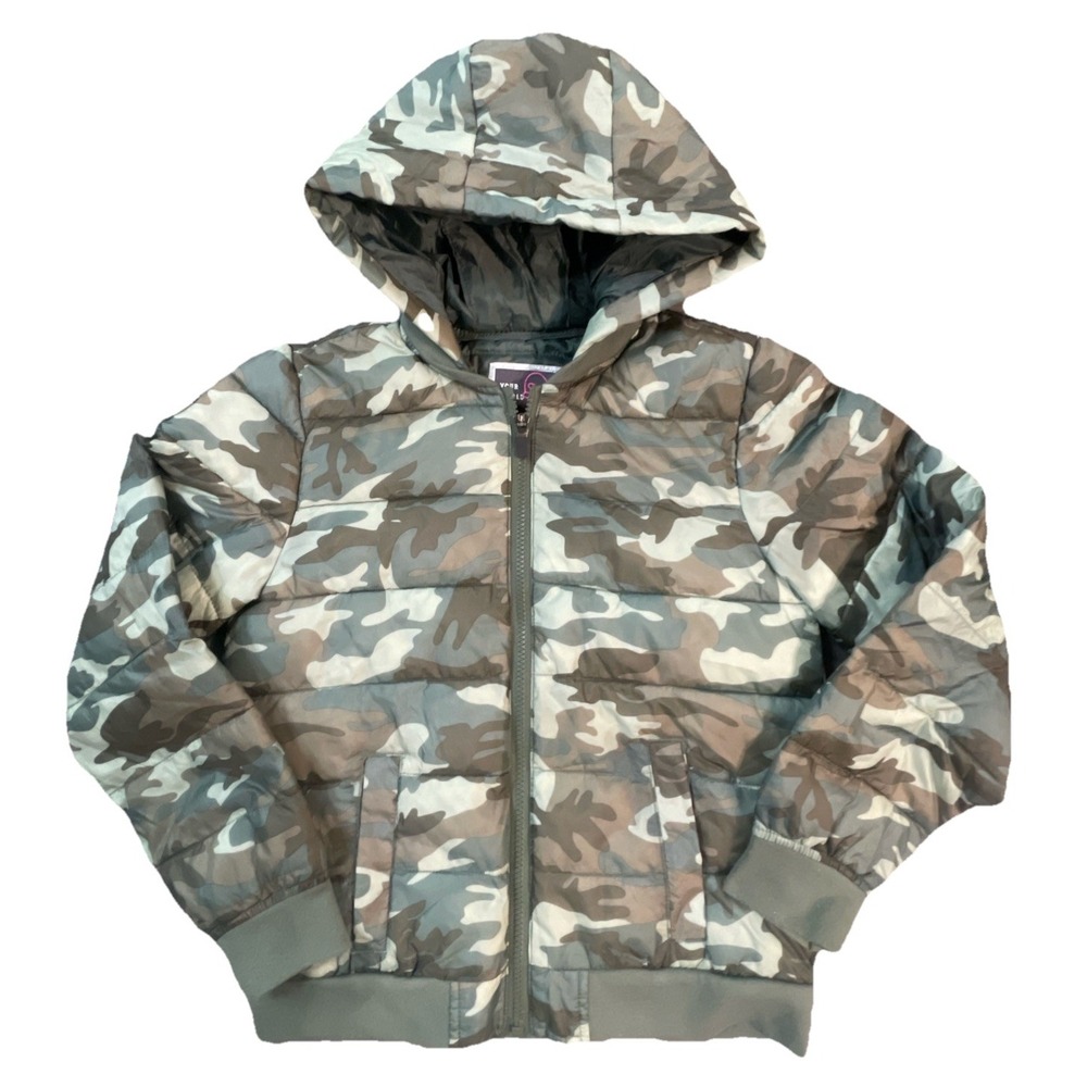 Camo Puffer‎ Coat Justice Jacket Girls Size 12 Hooded Cropped Lightweight Green